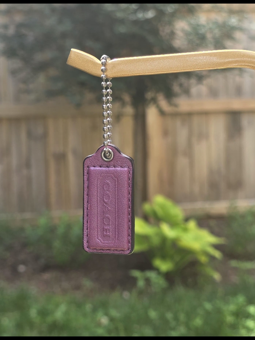 Coach Small Leather Hangtag In Metallic Purple W/ Silver Ball Chain